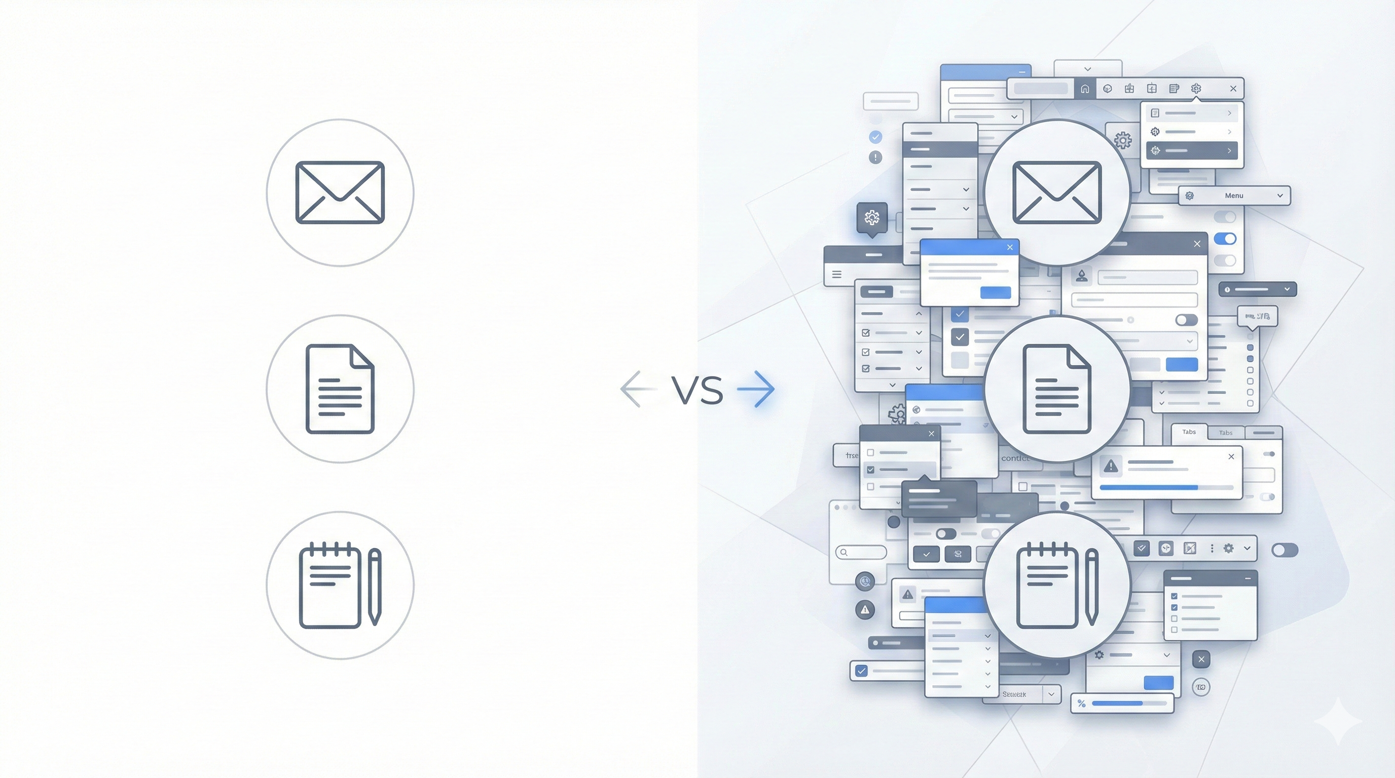 Comparison illustration showing simple separate tools versus complex overwhelming interface