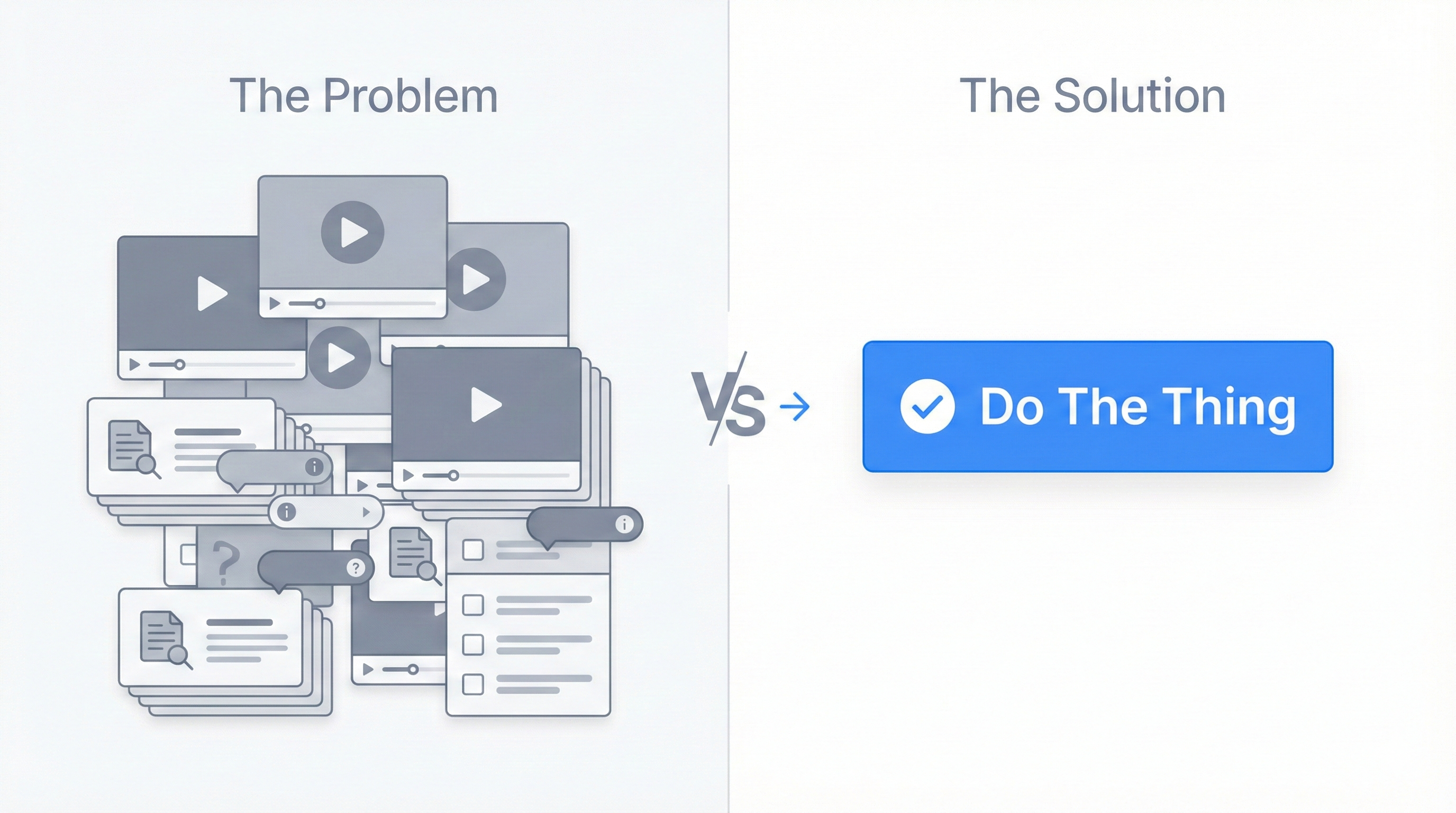 Illustration of unwatched tutorial videos versus single clear action button